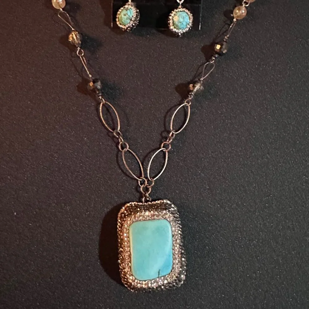 Keren Creations Turquoise Necklace & Earrings Jewelry Set With Crystal Accents - Picture 2 of 9